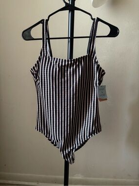 Shade & Shore Black and White Vertical Stripe One-Piece Swimsuit